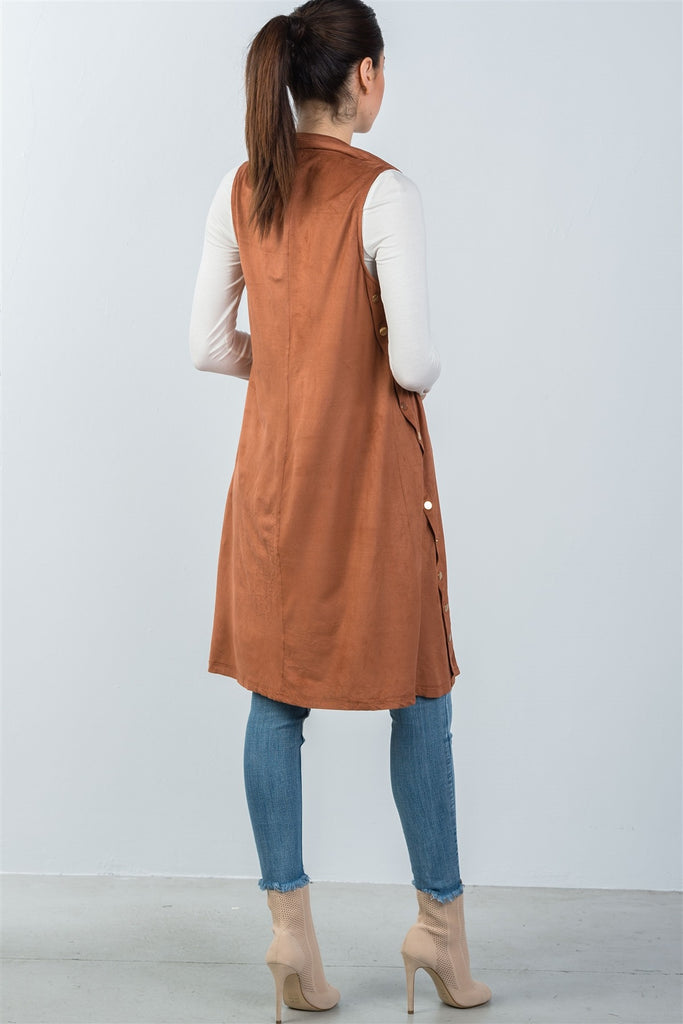 RUBINA Knee length sleeveless open front cardigan vest