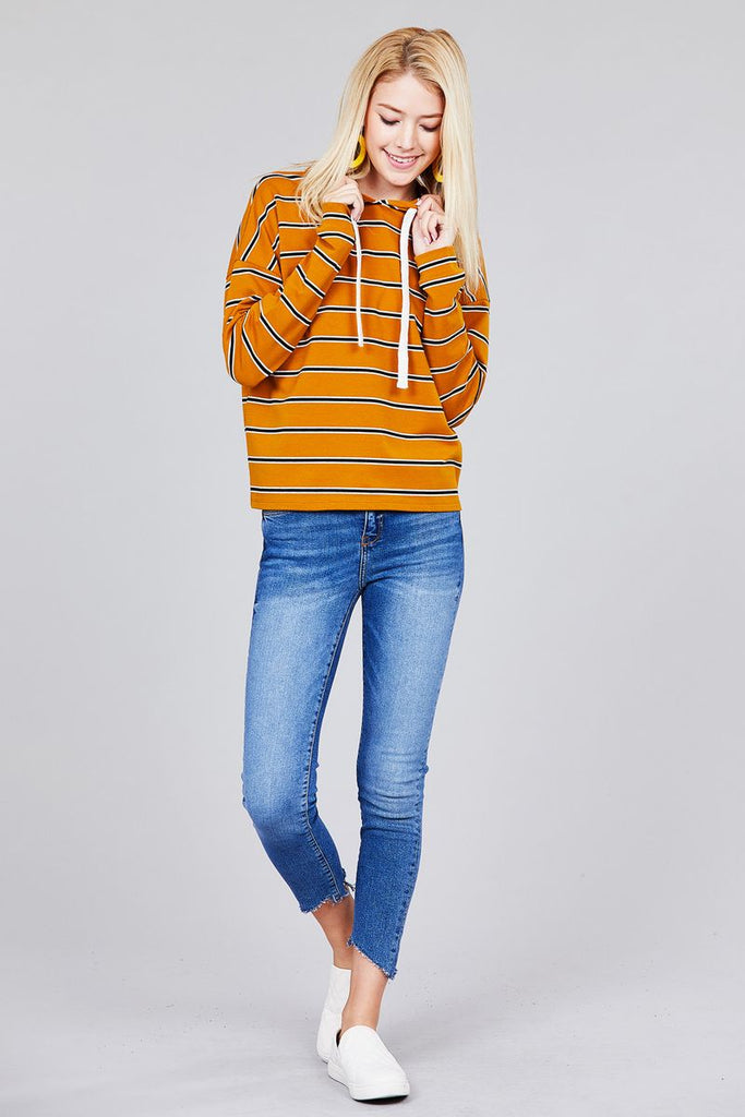 CARLENE Long sleeve hoodie w/drawstring stripe french terry top