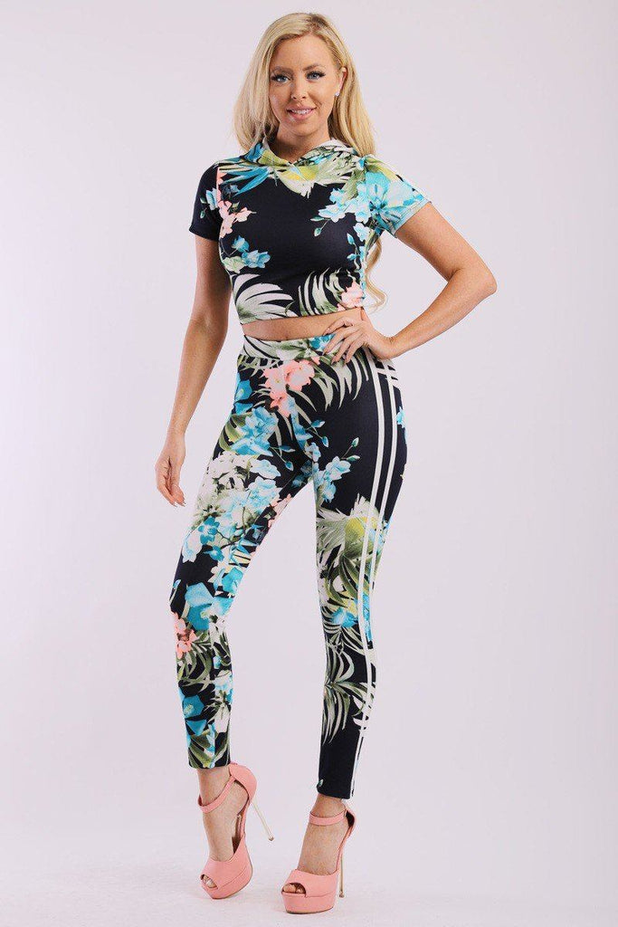 PEYTON Leaf Print And Striped Side 2 Pieces Set with Hooded Cropped Top