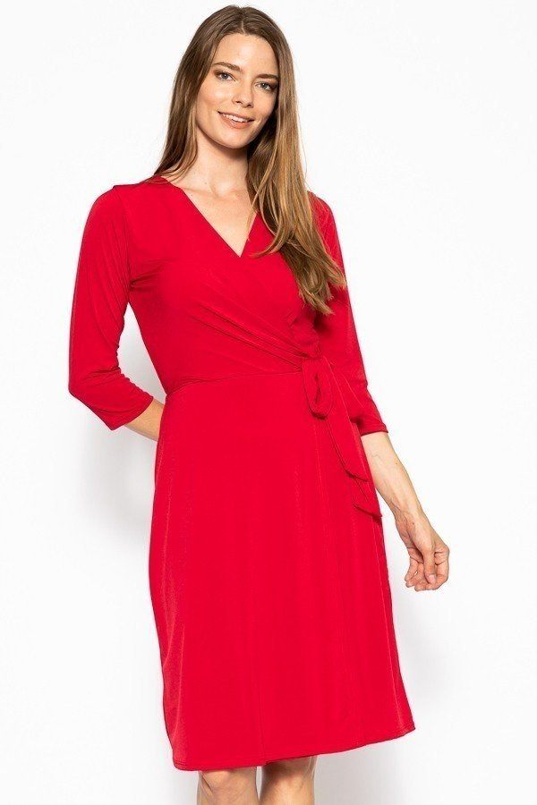 Cute Midi 3/4 Sleeve Dress With A Overlapping V-neck Line And A Belted Waist
