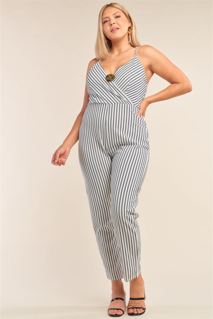 Plus Size Black&white Striped Wrap Sleeveless Criss-cross Strap Deep Plunge V-neck Jumpsuit