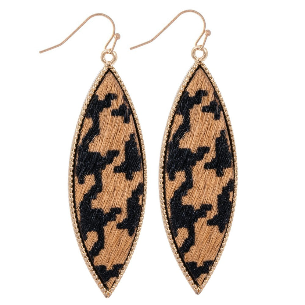 Genuine Leather Leopard Print Drop Earrings Gold Long