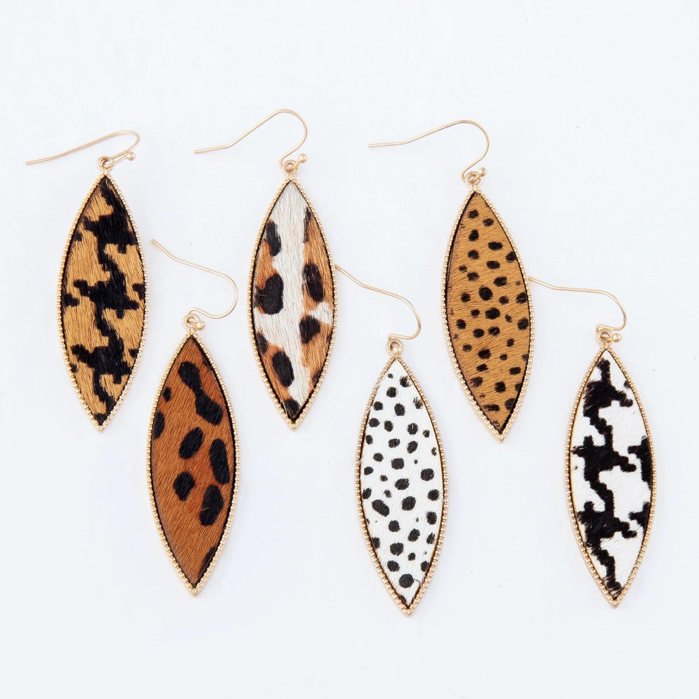 Genuine Leather Leopard Print Drop Earrings Gold Long