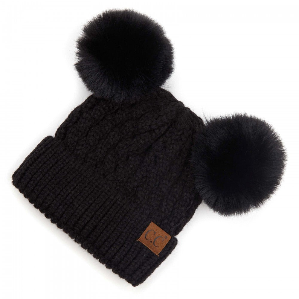 BLACK CC HAT Cable Knit Pattern Solid Color Double Pom Beanie