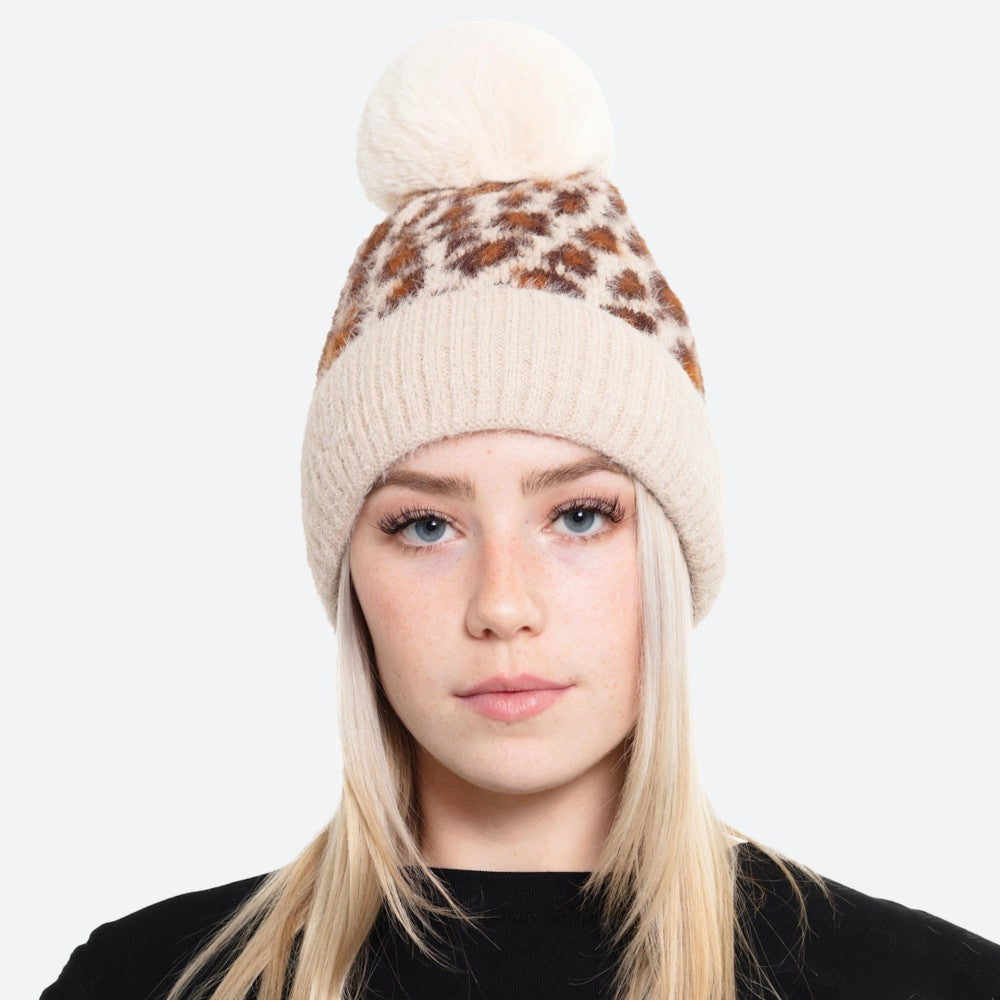 Fuzzy Knit Faux Fur Lined Leopard Print Pom Beanie One fits most