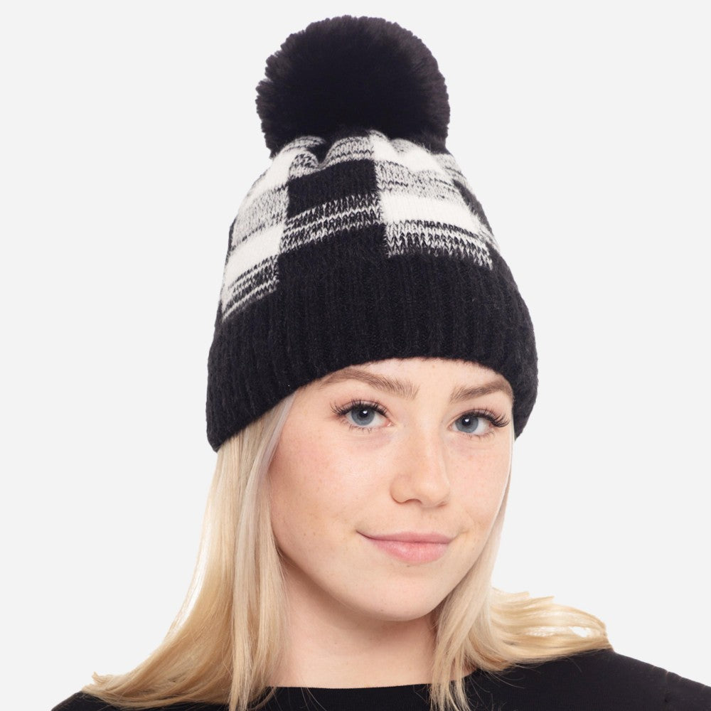 Faux Fur Lined Buffalo Check Knit Pom Beanie One fits most