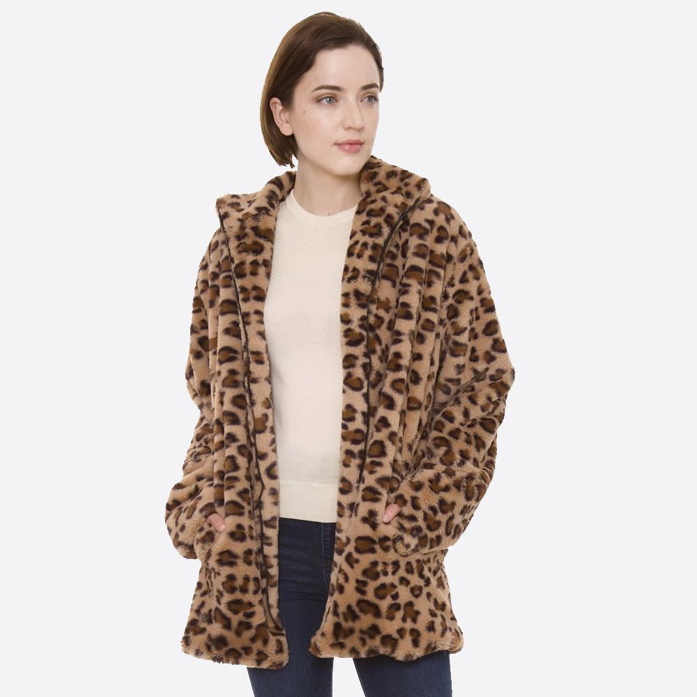 Faux Fur Leopard Print Coat Pockets Front Zipper Closure