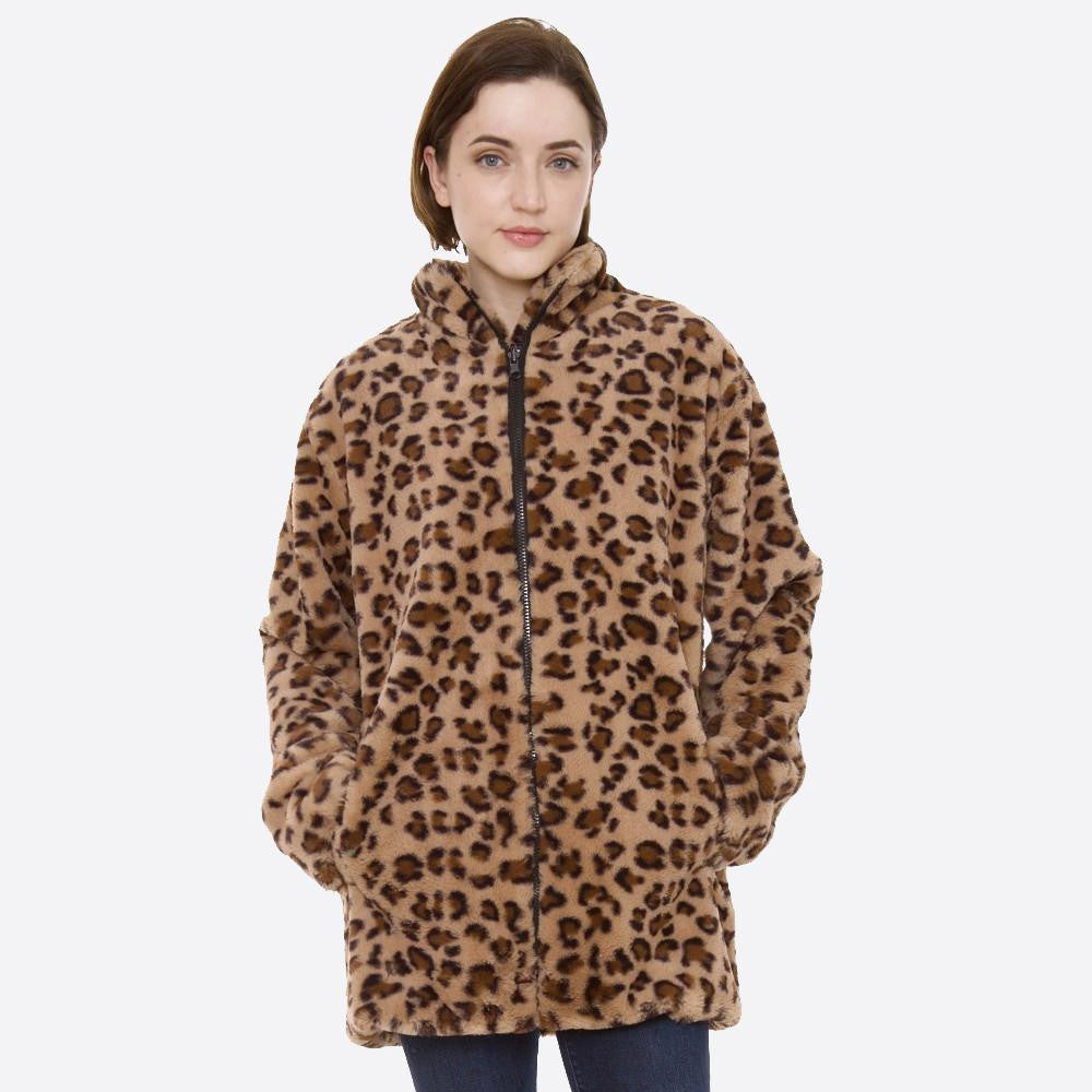Faux Fur Leopard Print Coat Pockets Front Zipper Closure