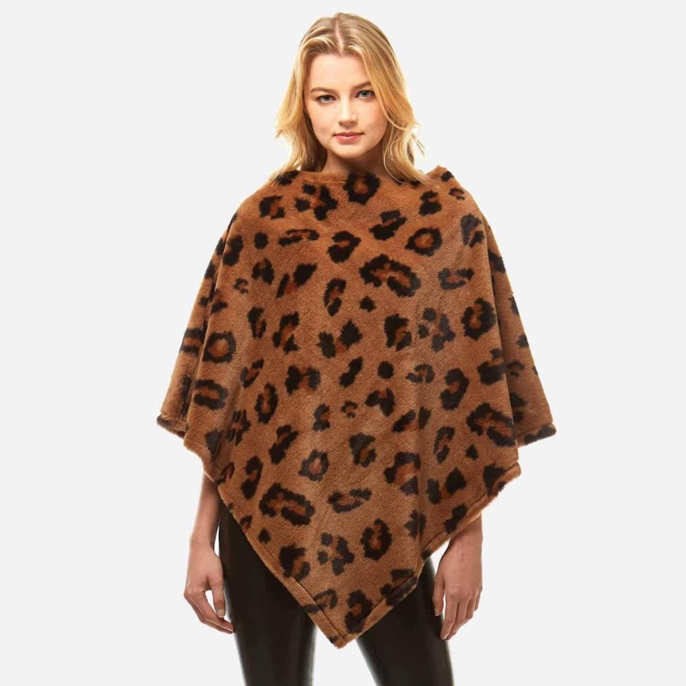 Women's Faux Fur Leopard Print Poncho One size fits most