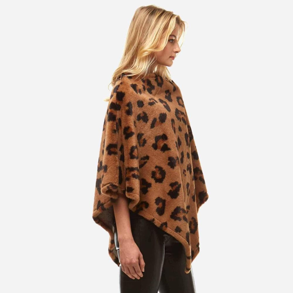Women's Faux Fur Leopard Print Poncho One size fits most