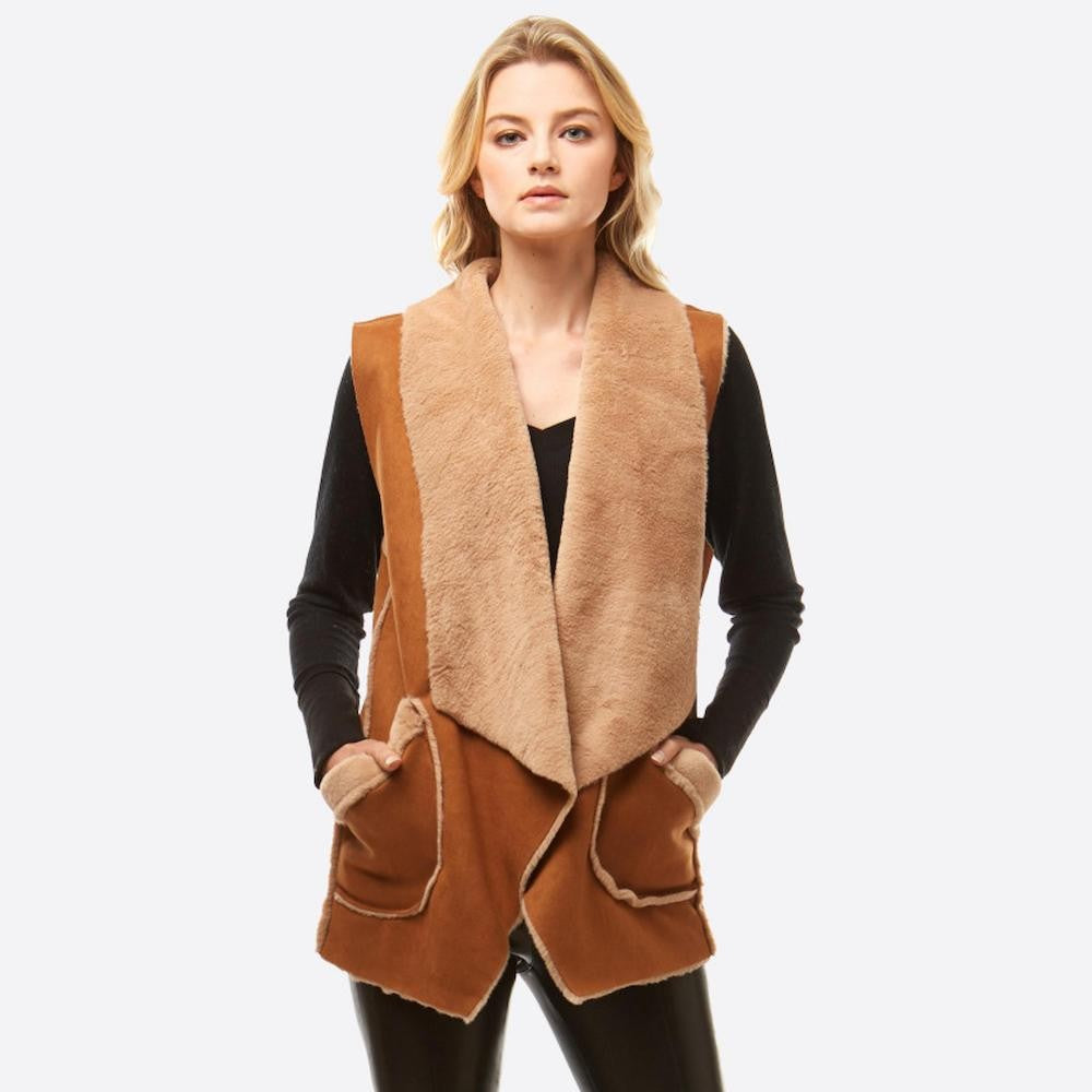 Faux Fur Lined Suede Vest Pockets One fits most
