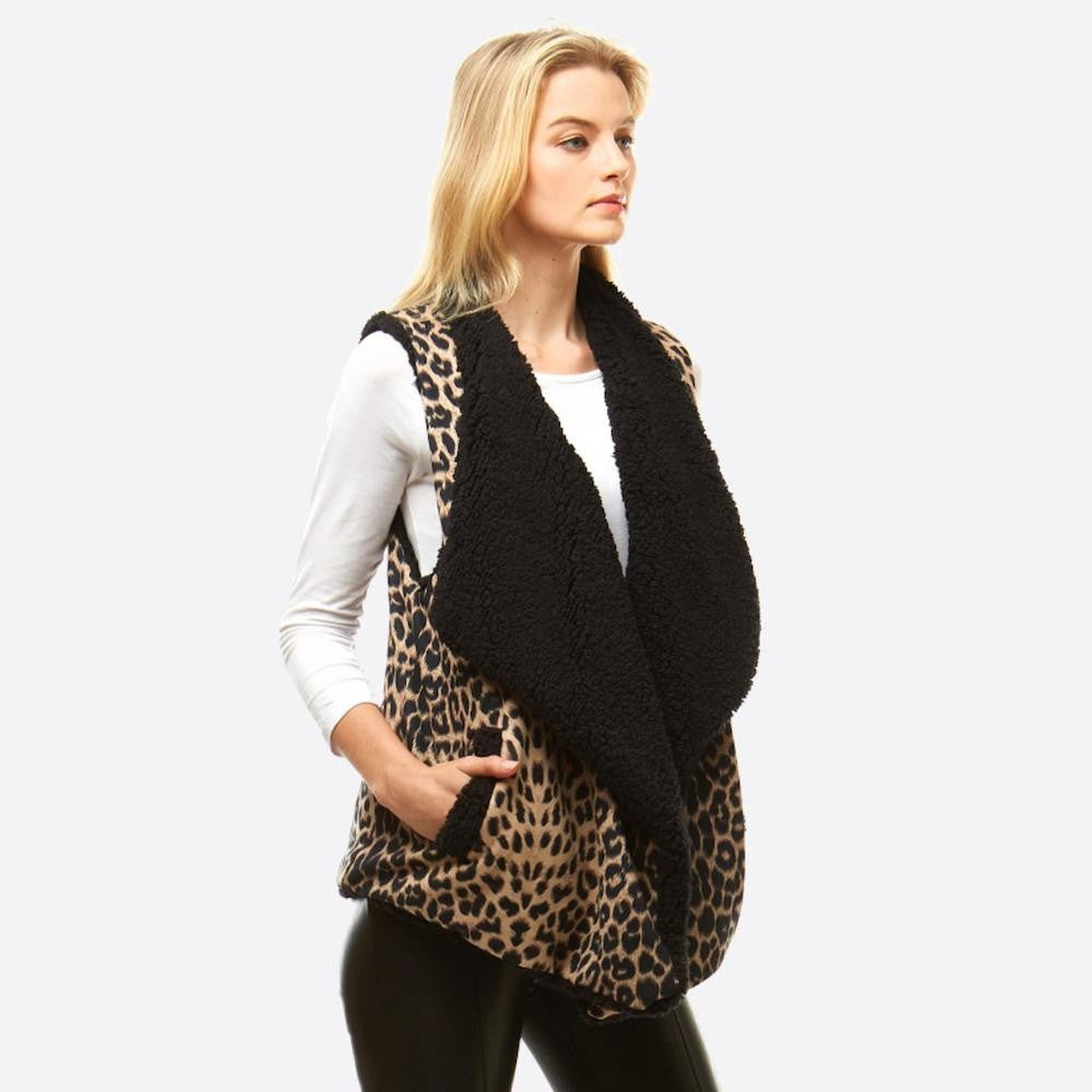 Sherpa Lined Leopard Print Vest Pockets One fits most
