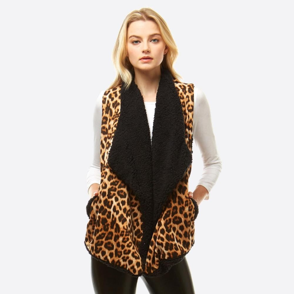 Sherpa Lined Leopard Print Vest Pockets One fits most
