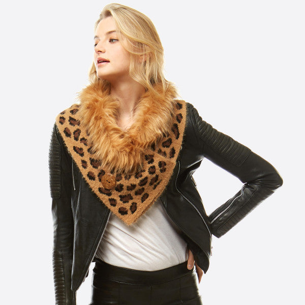Leopard Print Knit Scarf Shawl Faux Fur Neck Trim Coconut Button