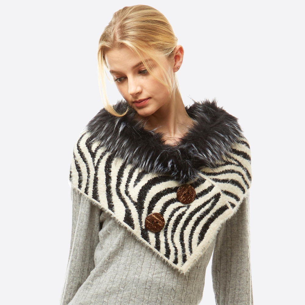Zebra Print Knit Shawl Scarf Faux Fur Neck Trim Coconut Button Details