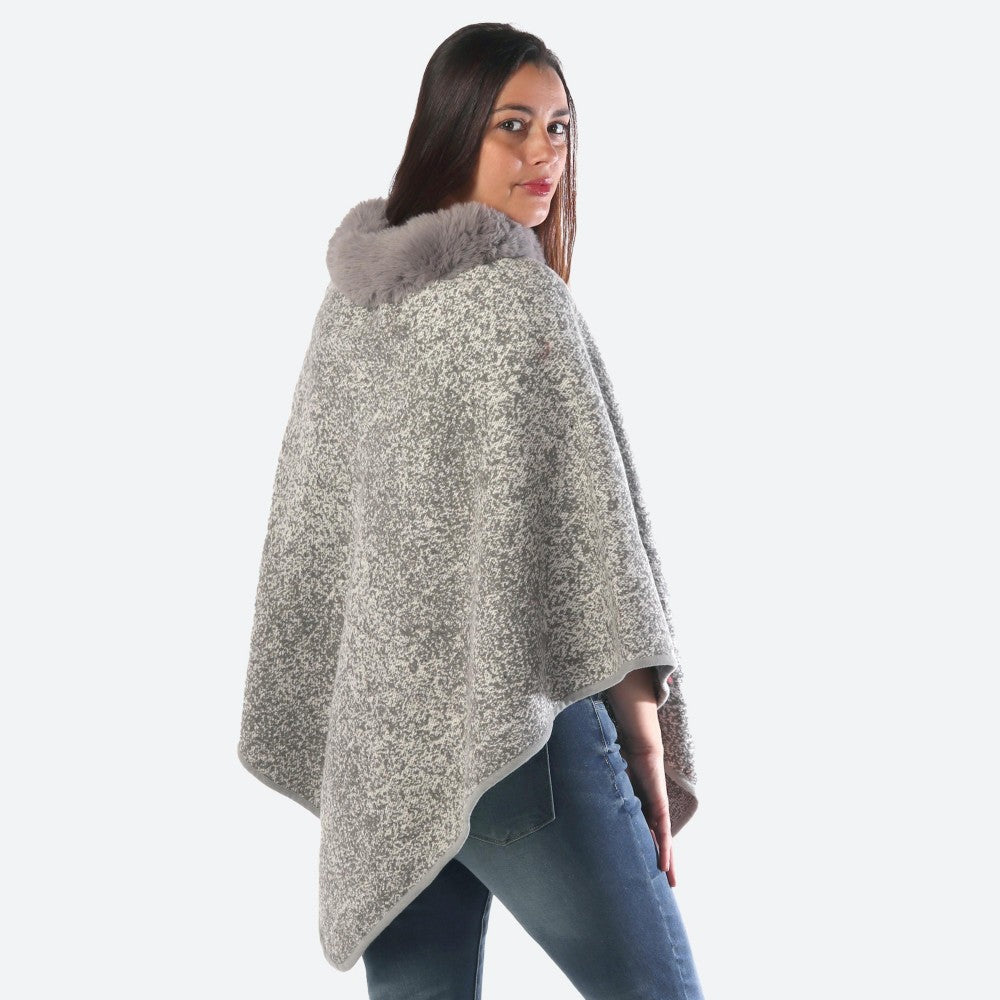Women's Thick Marled Knit Poncho Faux Fur Neck Trim One fits most