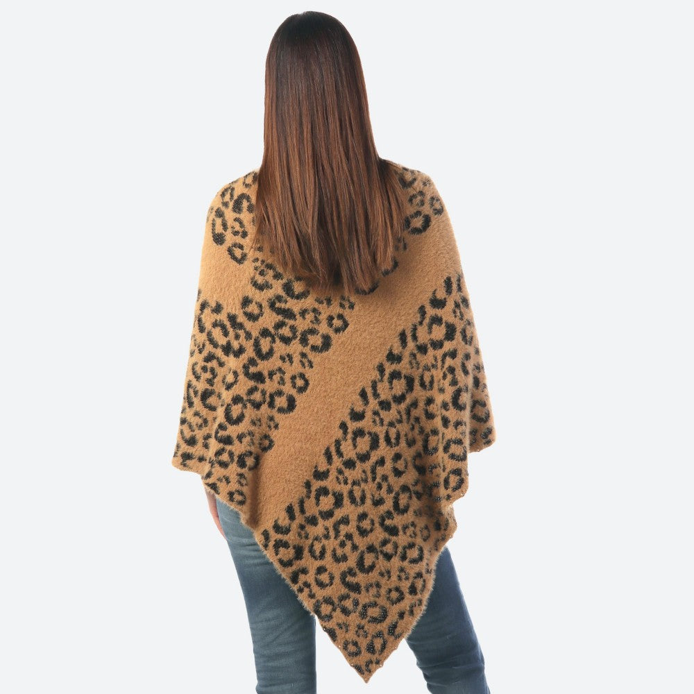 Women's Leopard Print Knit Stripe Poncho One fits most