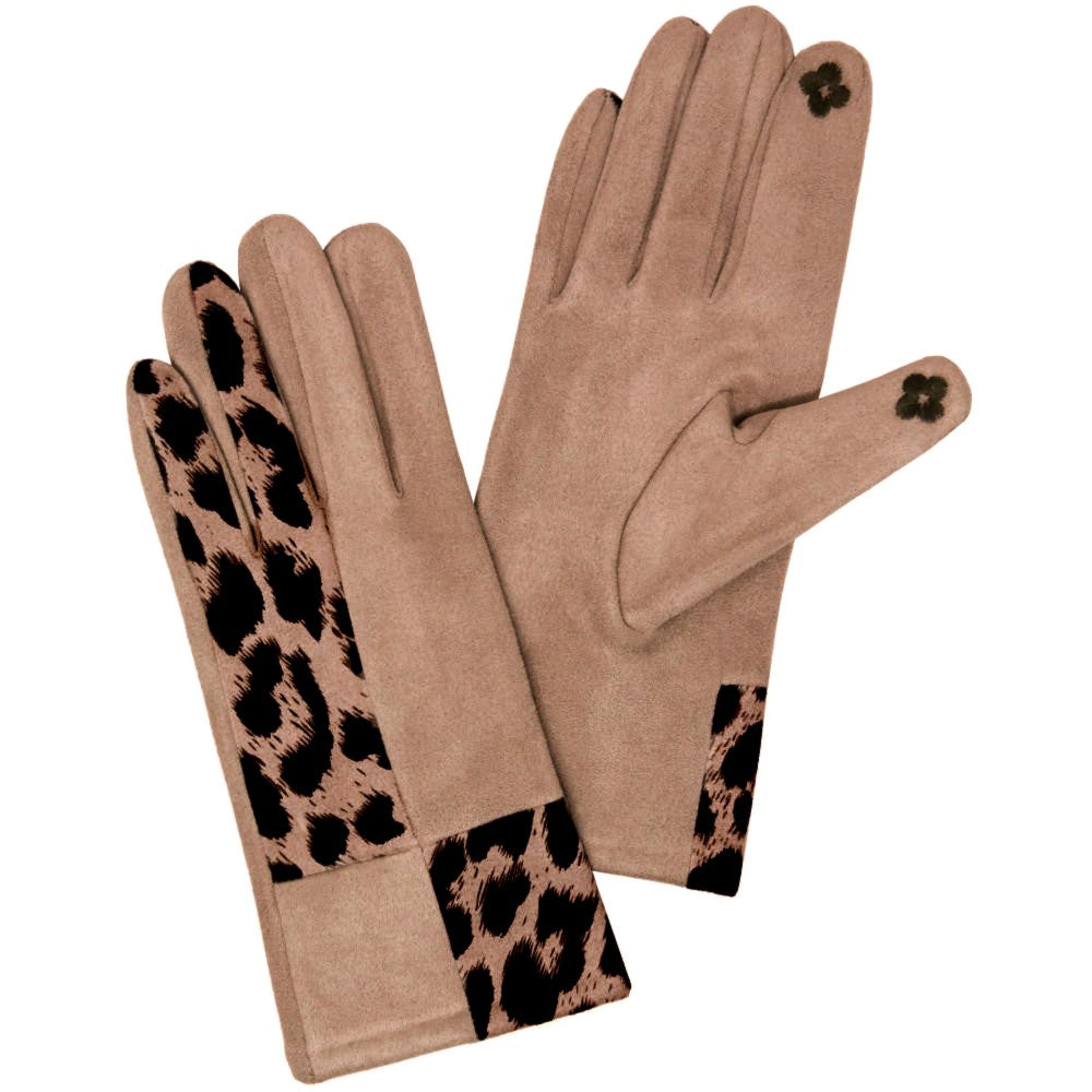 Faux Suede Leopard Print Block Smart Touch Gloves Touchscreen