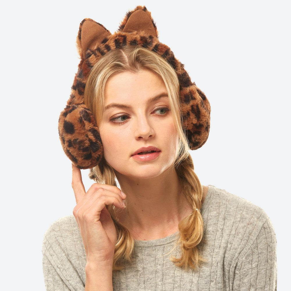 Faux Fur Leopard Print Cat Earmuffs Adjustable Band Cat Ears