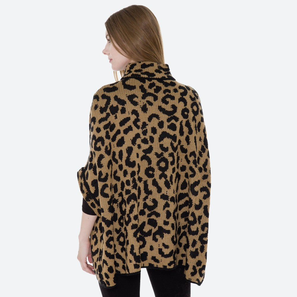 Women's Leopard Print Knit Cowl Neck Poncho Sweater One fits most