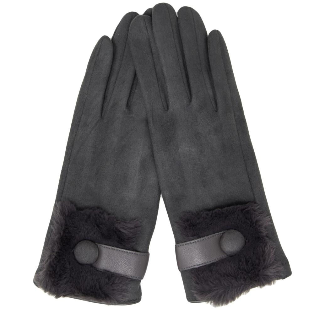Faux Suede Fur Trim Gloves Button Cuff Detail One fits most