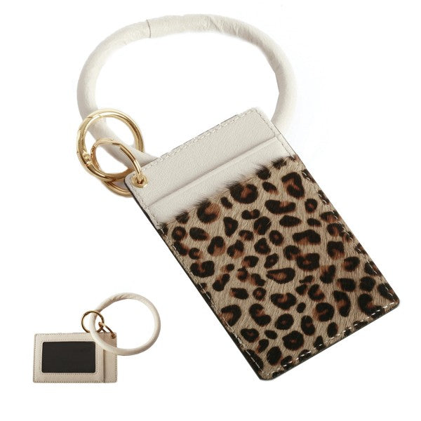 Leopard Print Fur Card Wallet Key Ring Bangle Wristlet