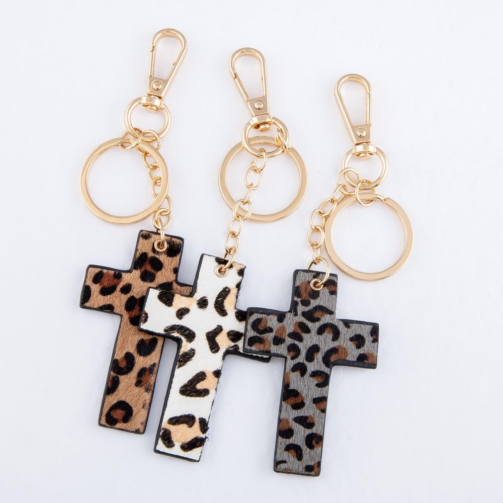 Genuine Leather Leopard Print Cross Keychain Bag Purse Charm Keyring