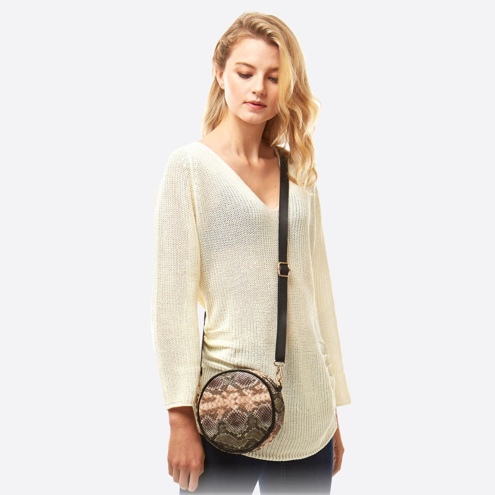 Round Faux Leather Snakeskin Crossbody Fanny Pack