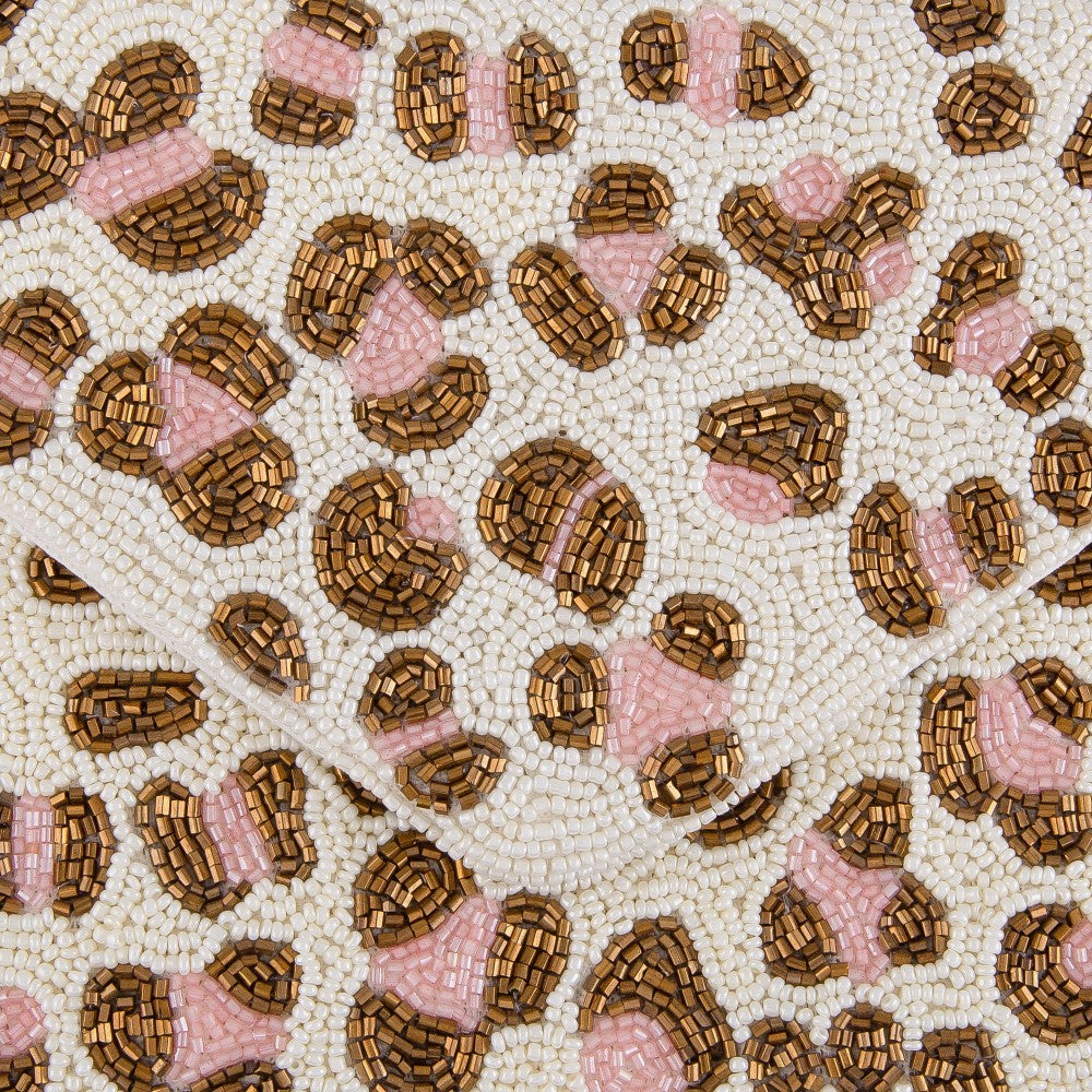 Ivory Pink Leopard Print Seed Beaded Canvas Crossbody Clutch Fold Flap
