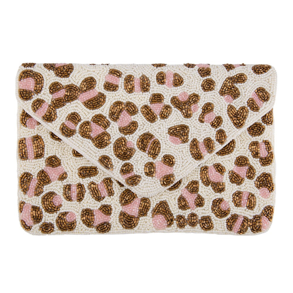 Ivory Pink Leopard Print Seed Beaded Canvas Crossbody Clutch Fold Flap