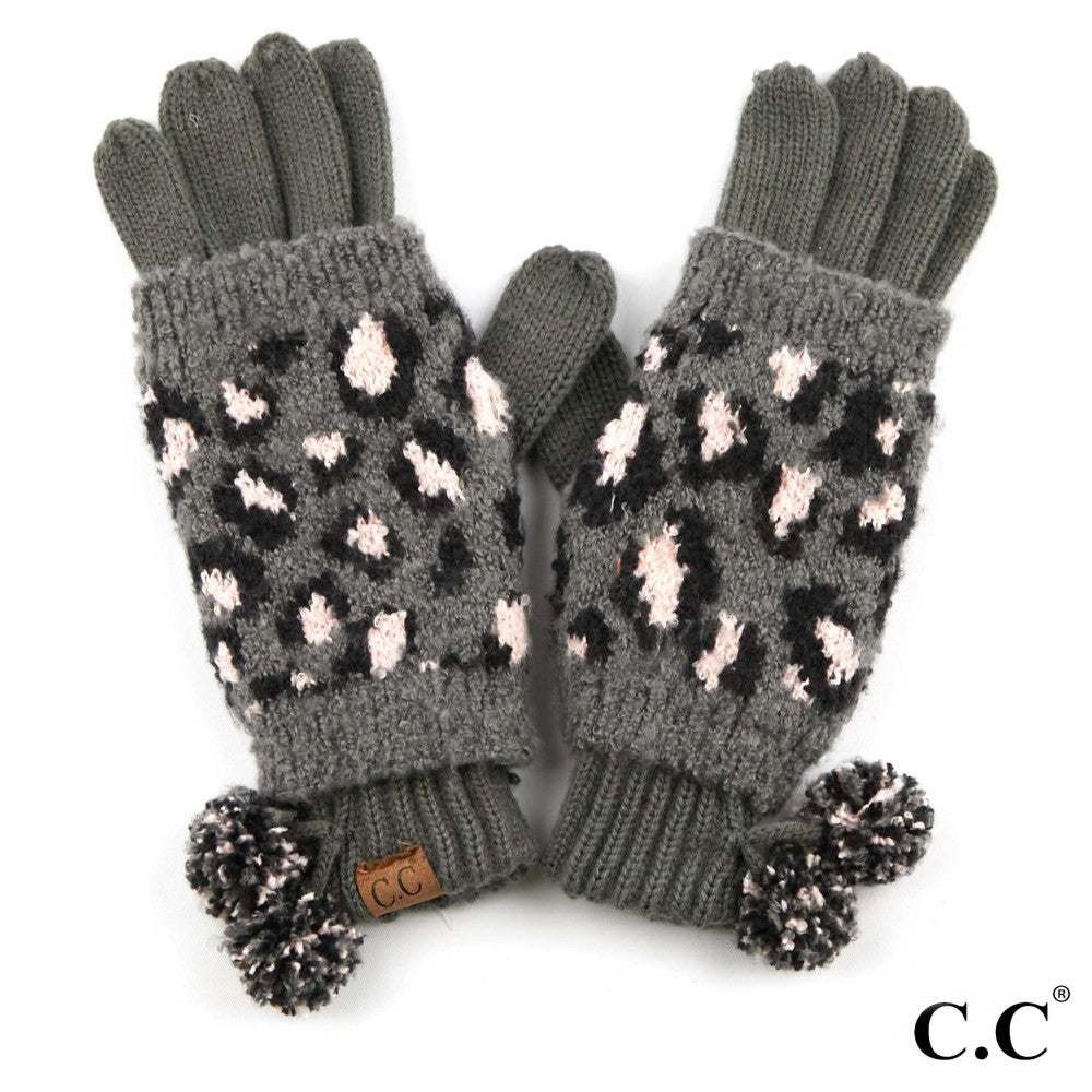 CC Leopard Print Jacquard Knit Pom Pom Gloves