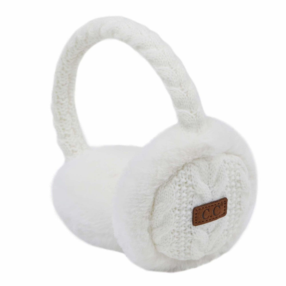 WHITE Cable Knit Earmuffs Faux Fur Trim One fits most Adjustable Band