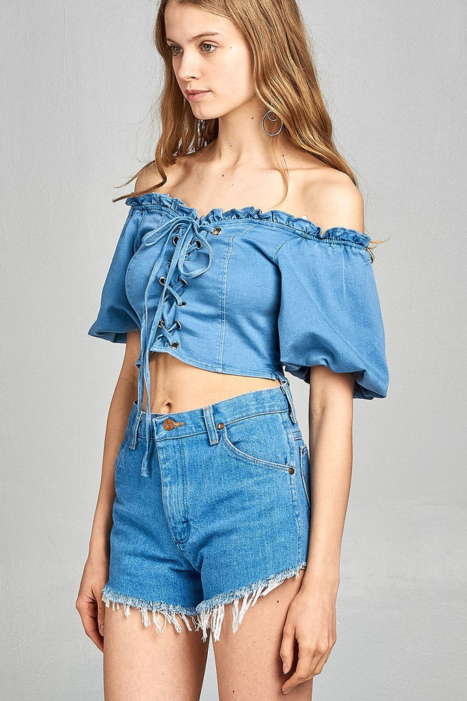 ARIA Ruffle front Lace-up denim crop top