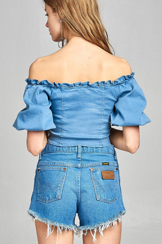 ARIA Ruffle front Lace-up denim crop top