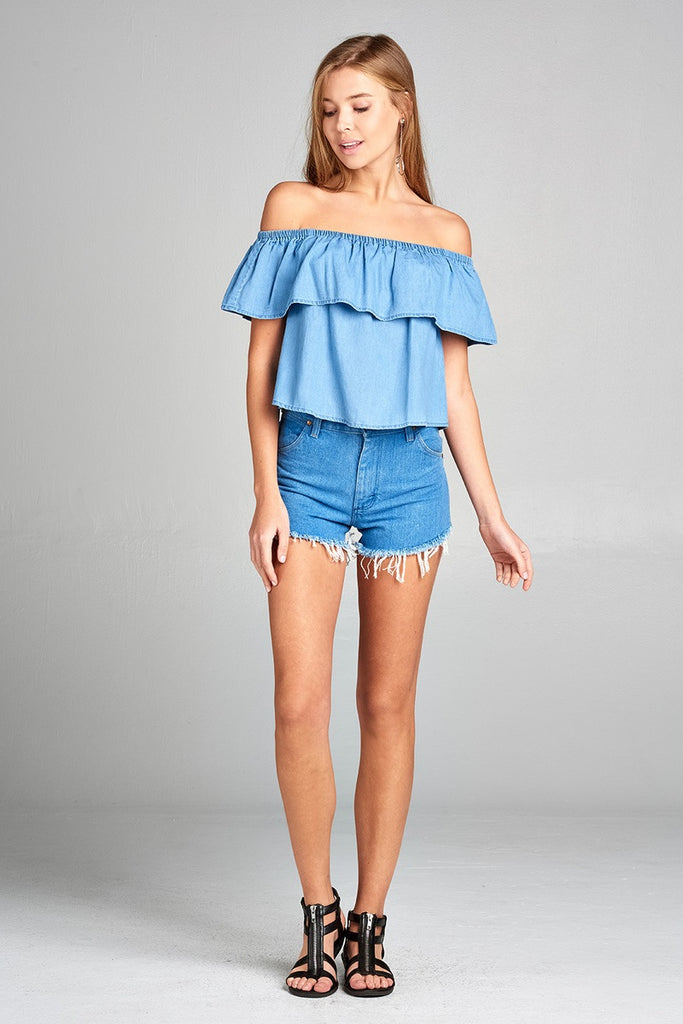 XIME Off the shoulder chambray ruffle top