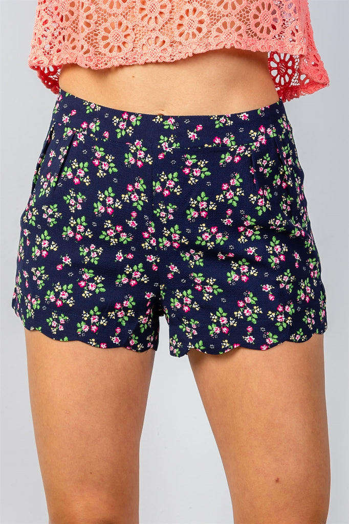 CINDY navy floral print scalloped hem shorts
