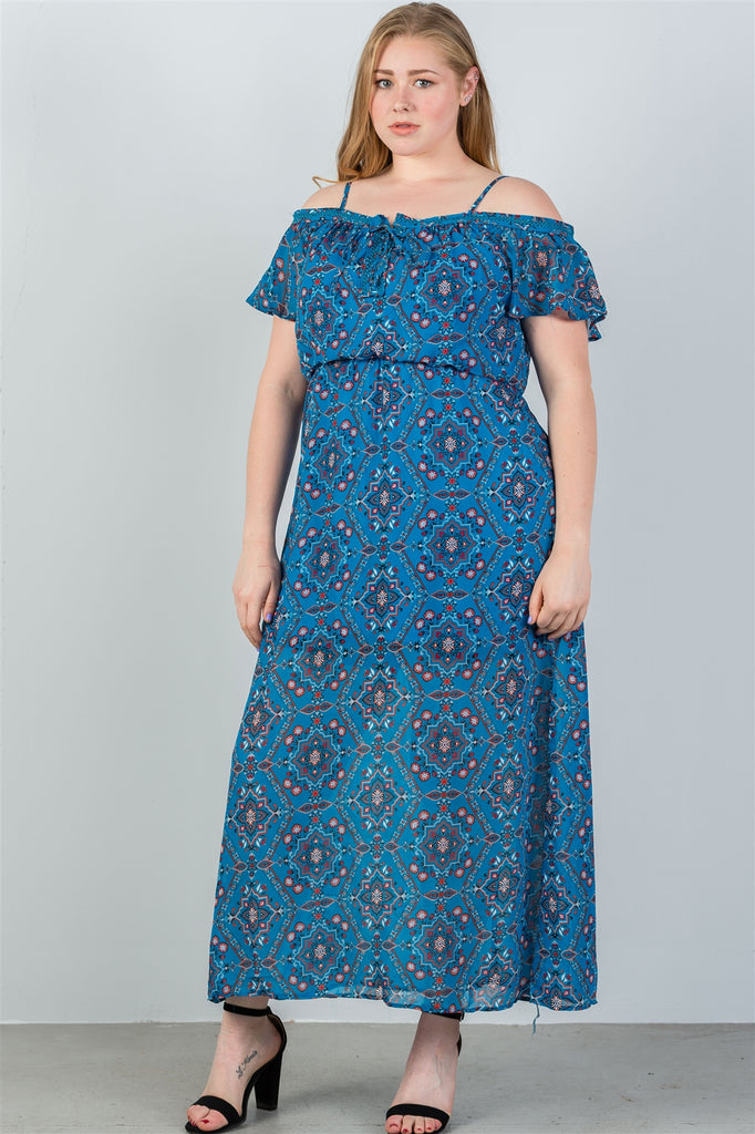 DESIREE Blue & floral print cold shoulder maxi dress