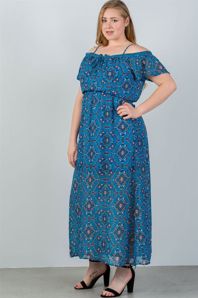 DESIREE Blue & floral print cold shoulder maxi dress