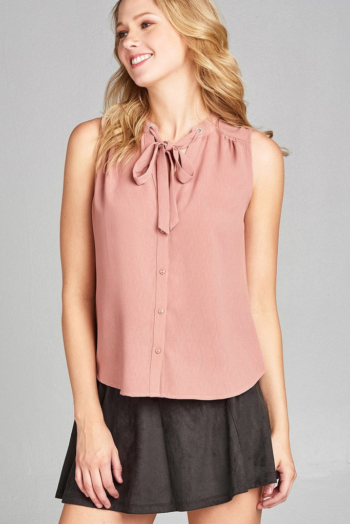 FLORENCE Sleeveless v-neck self tie w/eyelet detail front button woven top