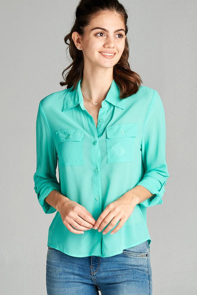 RUBY Long sleeve front pocket chiffon blouse