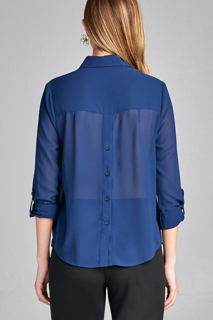 AVIS Long sleeve front pocket chiffon blouse w/black button detail