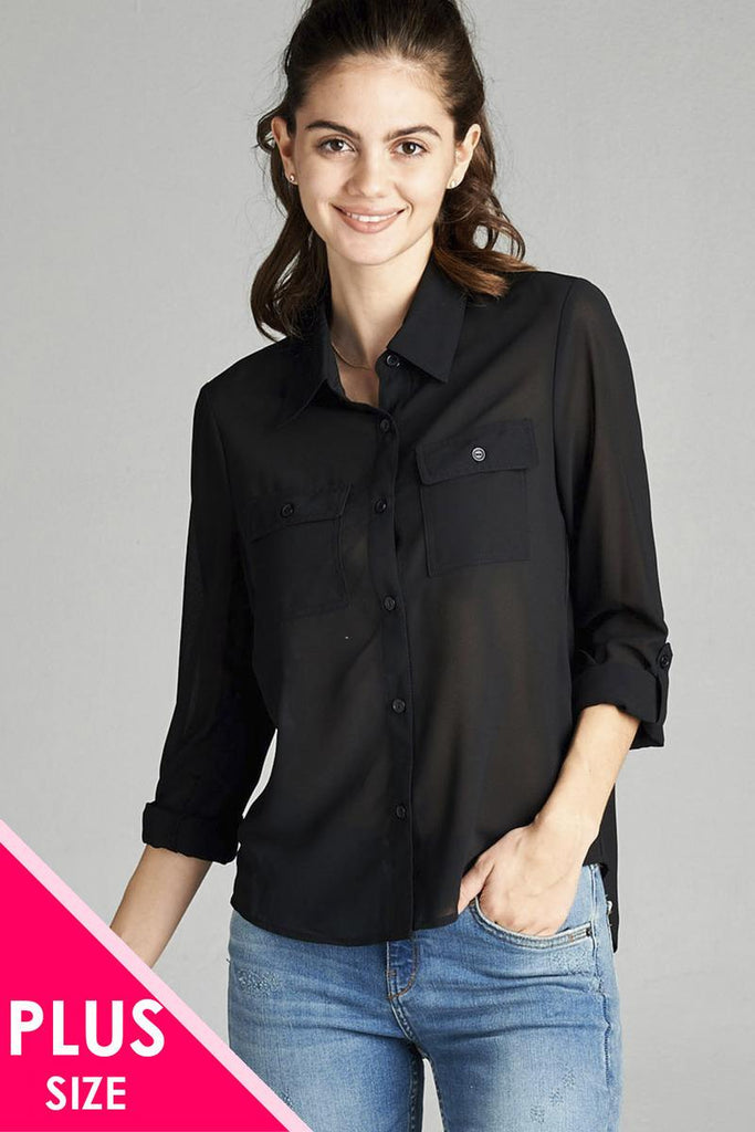 ASTRID Long sleeve front pocket chiffon blouse w/black button detail