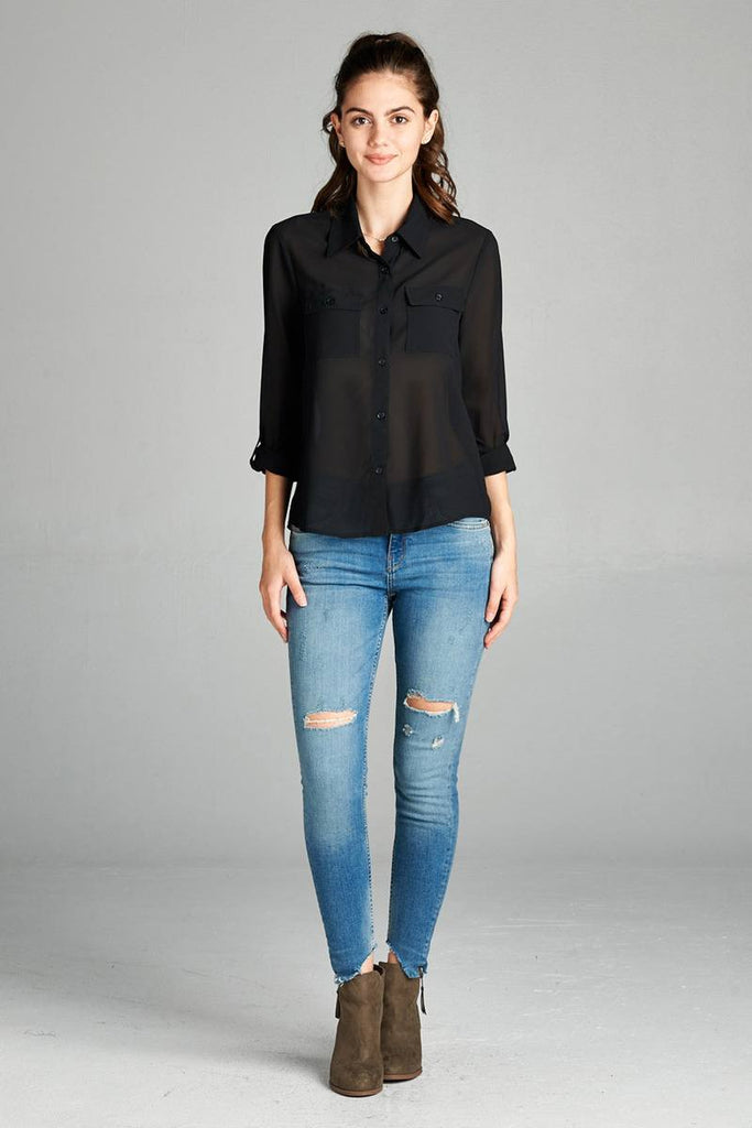 ASTRID Long sleeve front pocket chiffon blouse w/black button detail