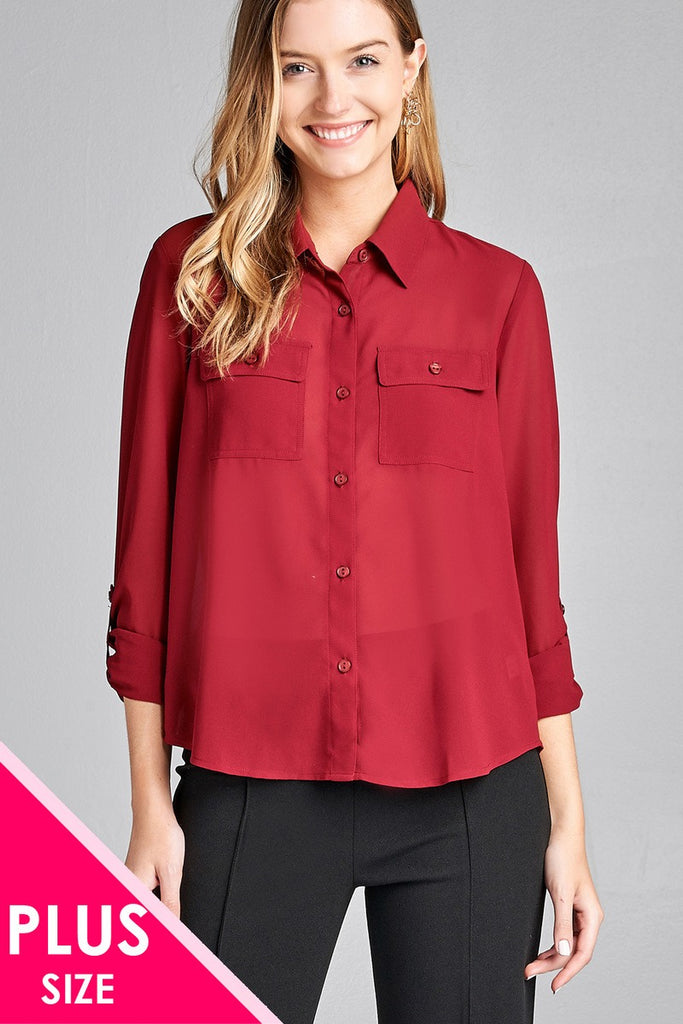 AUDREY Long sleeve front pocket chiffon blouse w/black button detail