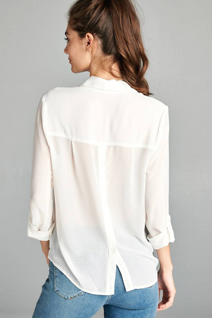 BARBARA Long sleeve front pocket chiffon blouse w/black button detail