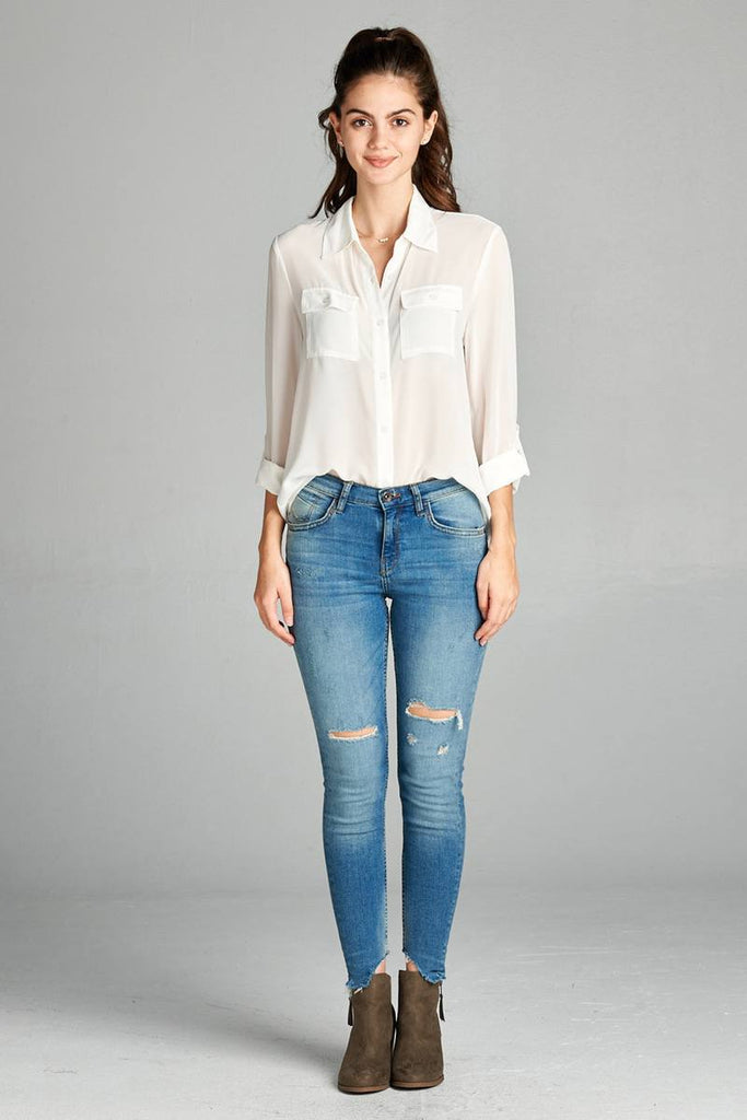 BARBARA Long sleeve front pocket chiffon blouse w/black button detail