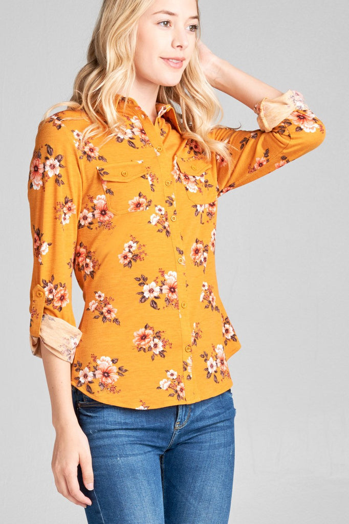 LIANA 3/4 roll up sleeve front pocket detail shirts