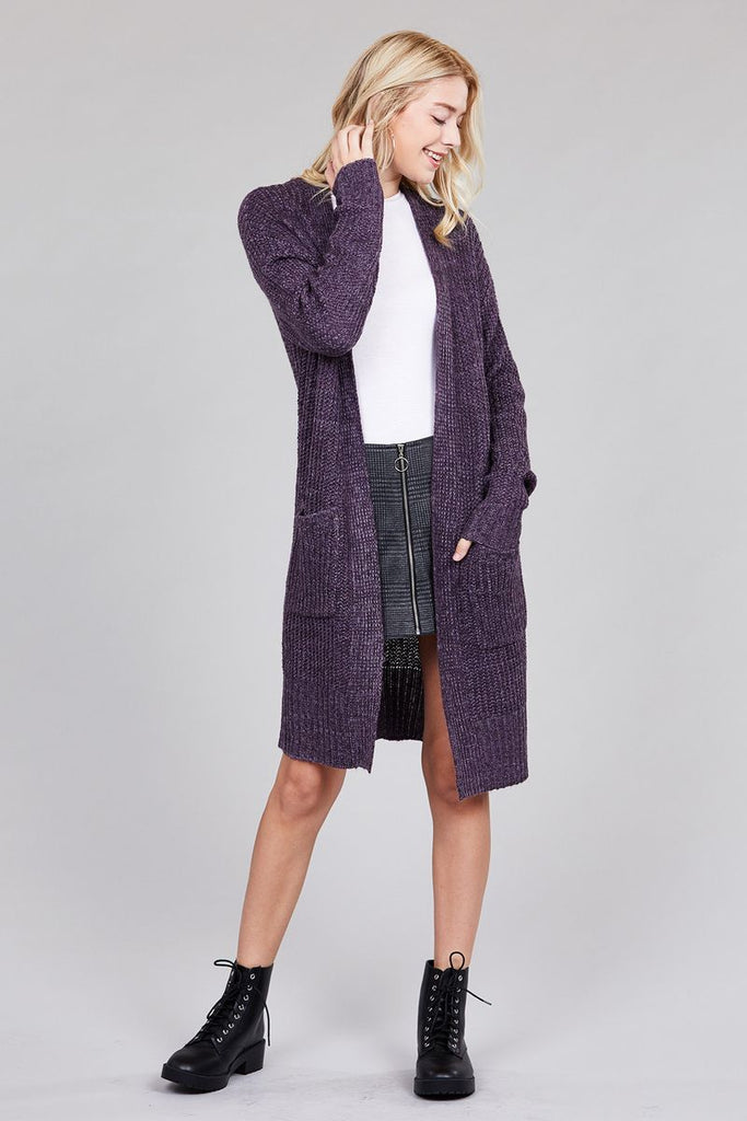 ALYSSA Open front w/patch pocket marled sweater cardigan