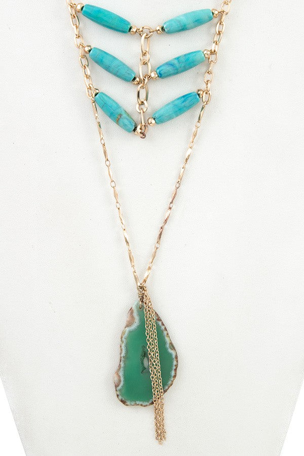 Stone layered link gem long necklace set