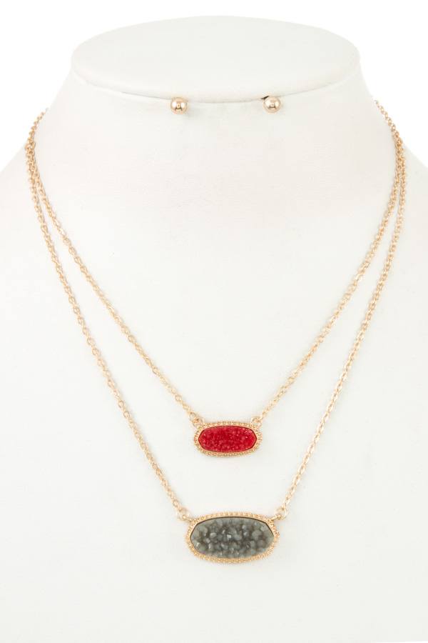 Double row cracked stone pendant necklace set